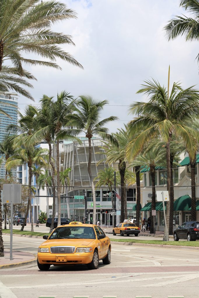Taxi tipico di Miami tra le palme del Downtown