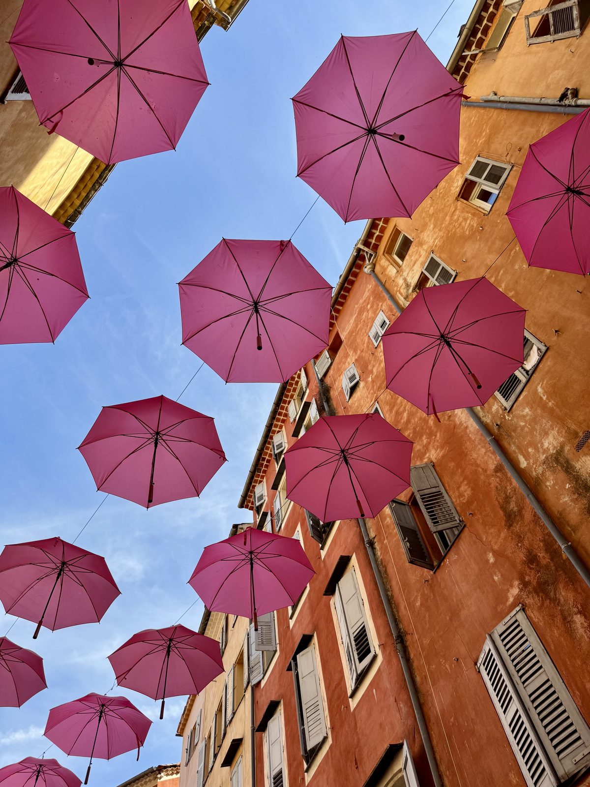 Gli ombrelli rosa sospesi sopra una via del centro di Grasse, la capitale del profumo