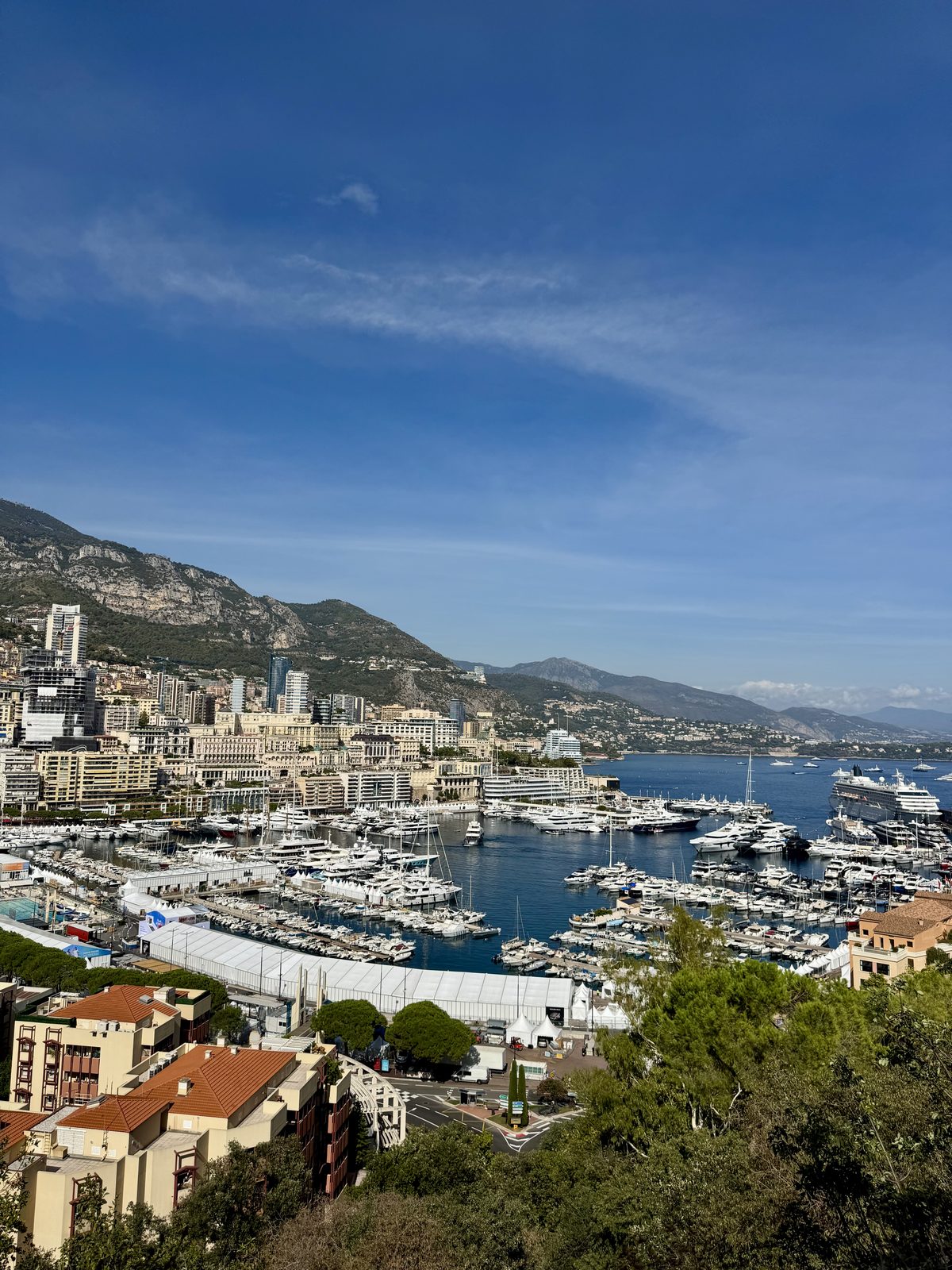 Vista panoramica sul porto di Monaco pieno di yacht, con le montagne sullo sfondo