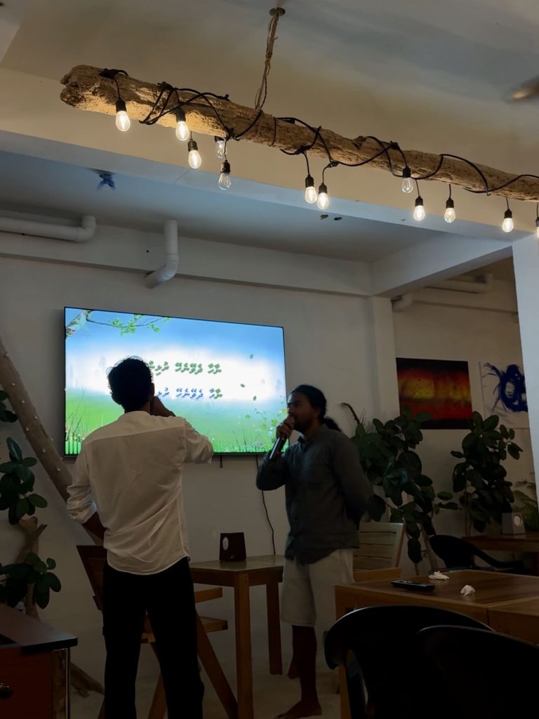Serata karaoke con ospiti e abitanti locali nella zona comune