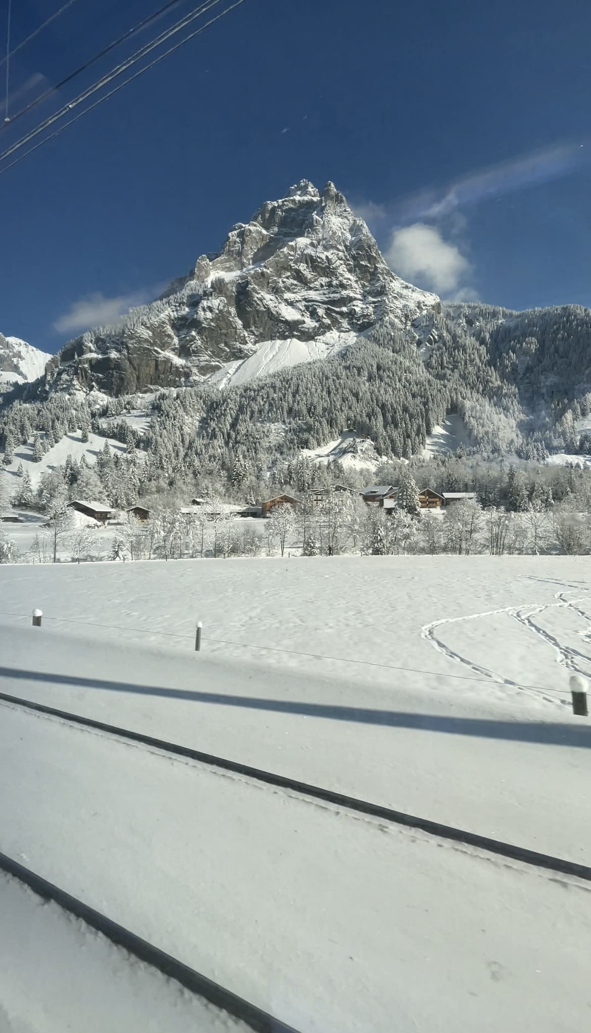 Paesaggio innevato delle Alpi visto dal Trenino Verde