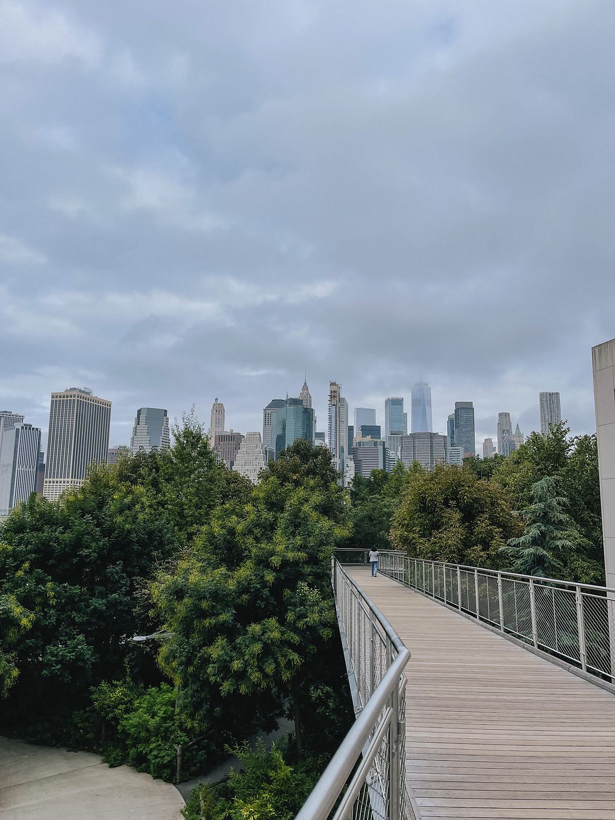 Lo Squibb Park Bridge a Brooklyn con lo skyline di Manhattan sullo sfondo