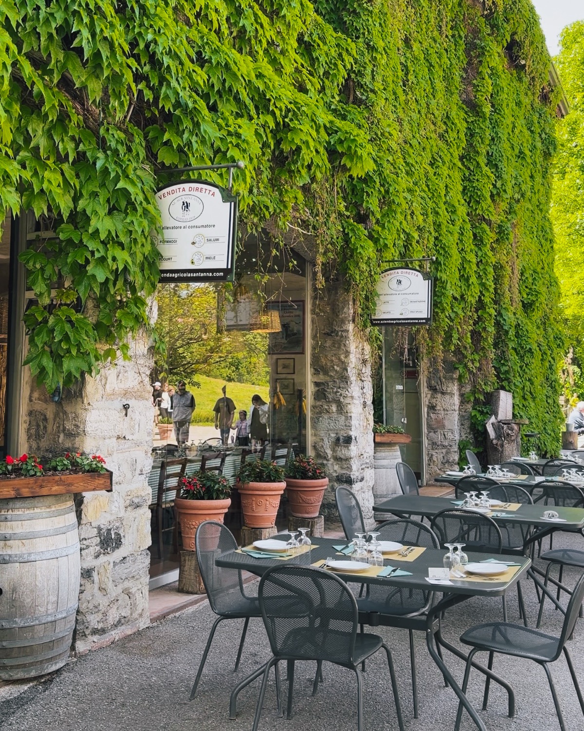 Dehor esterno dell'Agriturismo Sant'Anna a Eupilio, con muro coperto di edera, tavoli verdi e fioriere